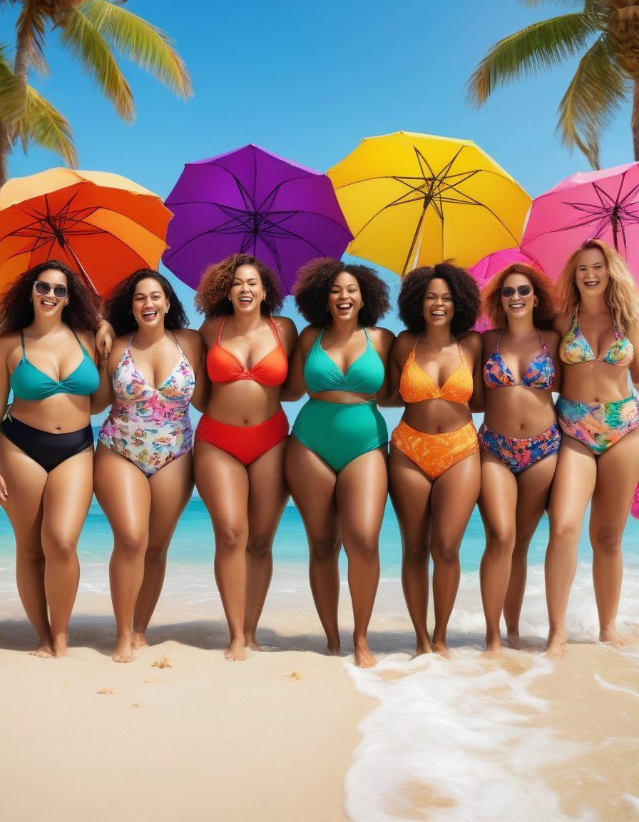 A diverse group of confident women of all shapes and sizes joyfully showcasing stylish swimwear on a sunny beach, surrounded by colorful beach umbrellas and surfboards. They’re laughing and enjoying the moment, with the ocean waves in the background creating a vibrant, welcoming atmosphere. The image highlights body positivity and fashion diversity. bright colors. tropical feel. super-realistic.