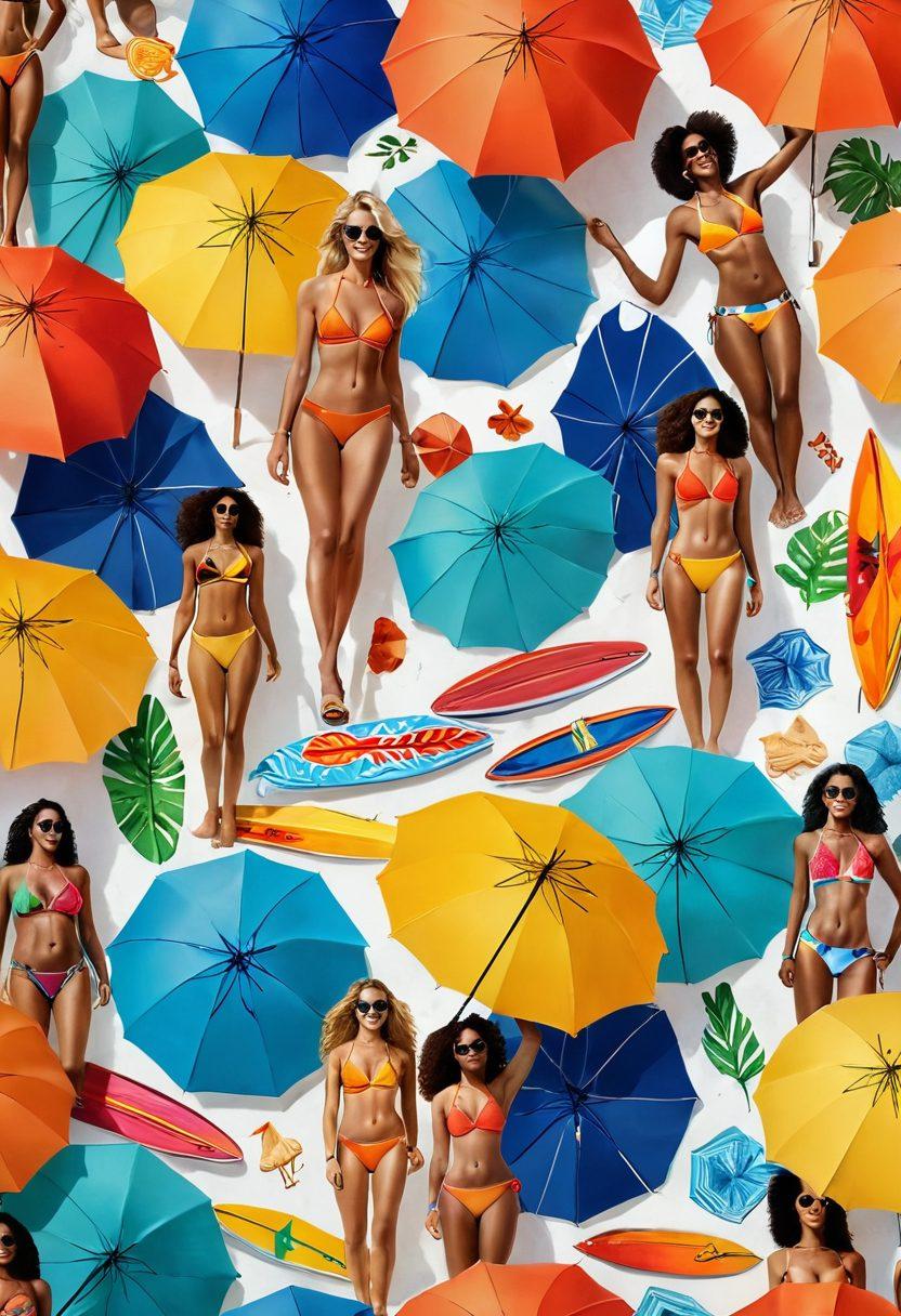 A vibrant beach scene showcasing a diverse group of fashionable individuals wearing various styles of bikinis and beachwear. Include colorful umbrellas, surfboards, and beach towels to represent the essence of summer. The sun is shining, and the ocean waves are gently lapping at the shore, creating a relaxed atmosphere. Include elements like tropical drinks and beach accessories to enhance the summer vibe. super-realistic. vibrant colors. sunny background.